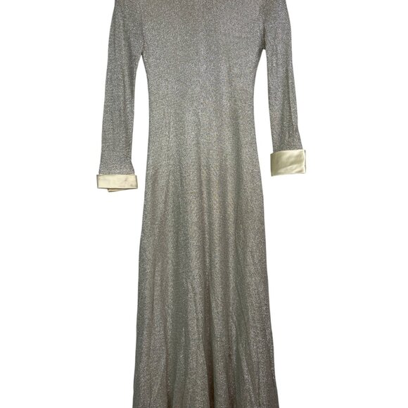 Vintage Montaldos Dress 1960s Metallic Silver Maxi Dress W/ Satin Collar Cuffs - Picture 3 of 7